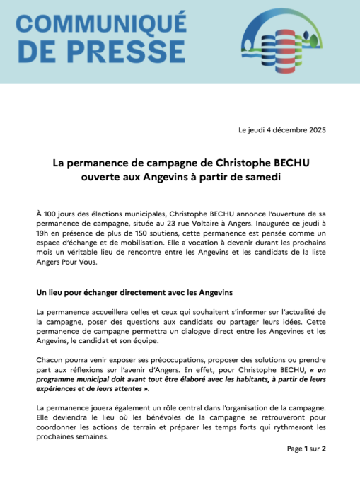 La permanence de campagne de Christophe BECHU ouverte aux Angevins à partir de samedi